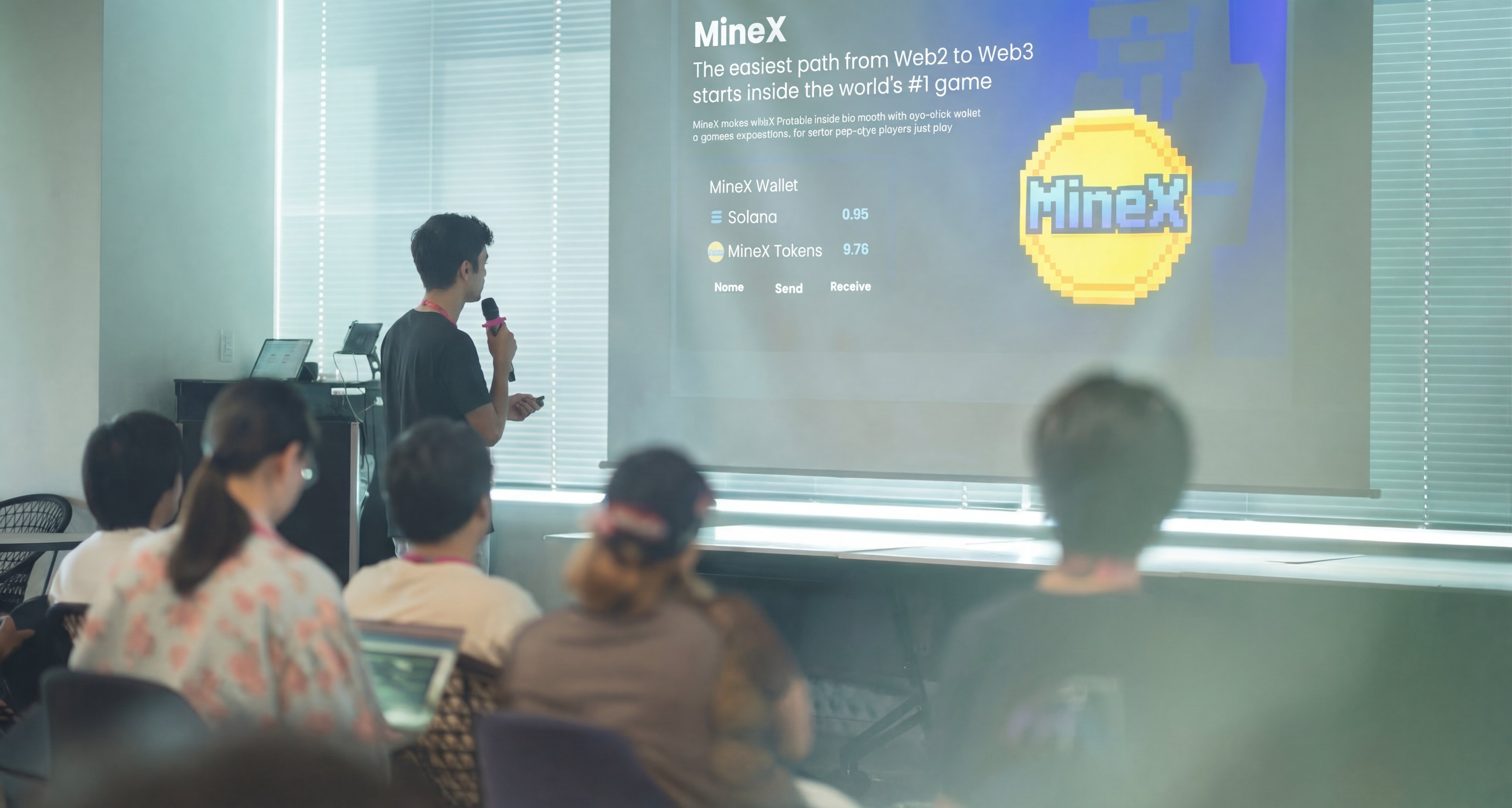 Yeray Selva Vallejo, founder and CEO of MineX, pitching on stage during Solana Startup Village Tokyo, August 2025